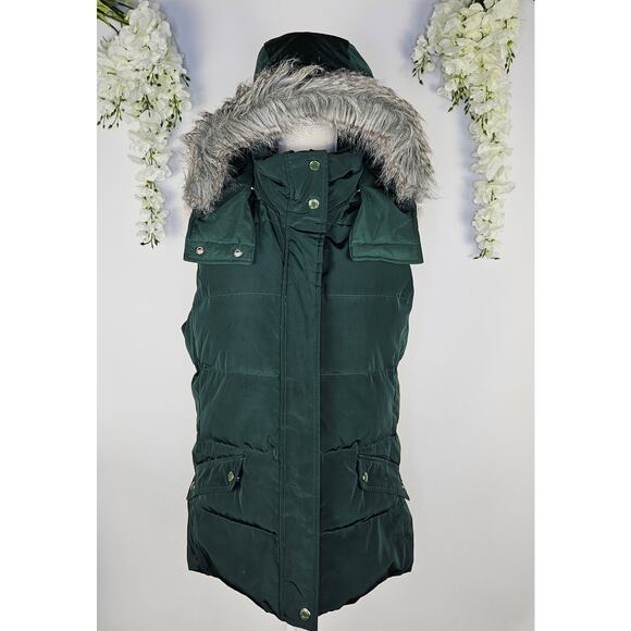 Talbots Quilted Puffer Vest Detachable Fur Hood Feather Duck Down Fill Sz Small - Picture 1 of 15